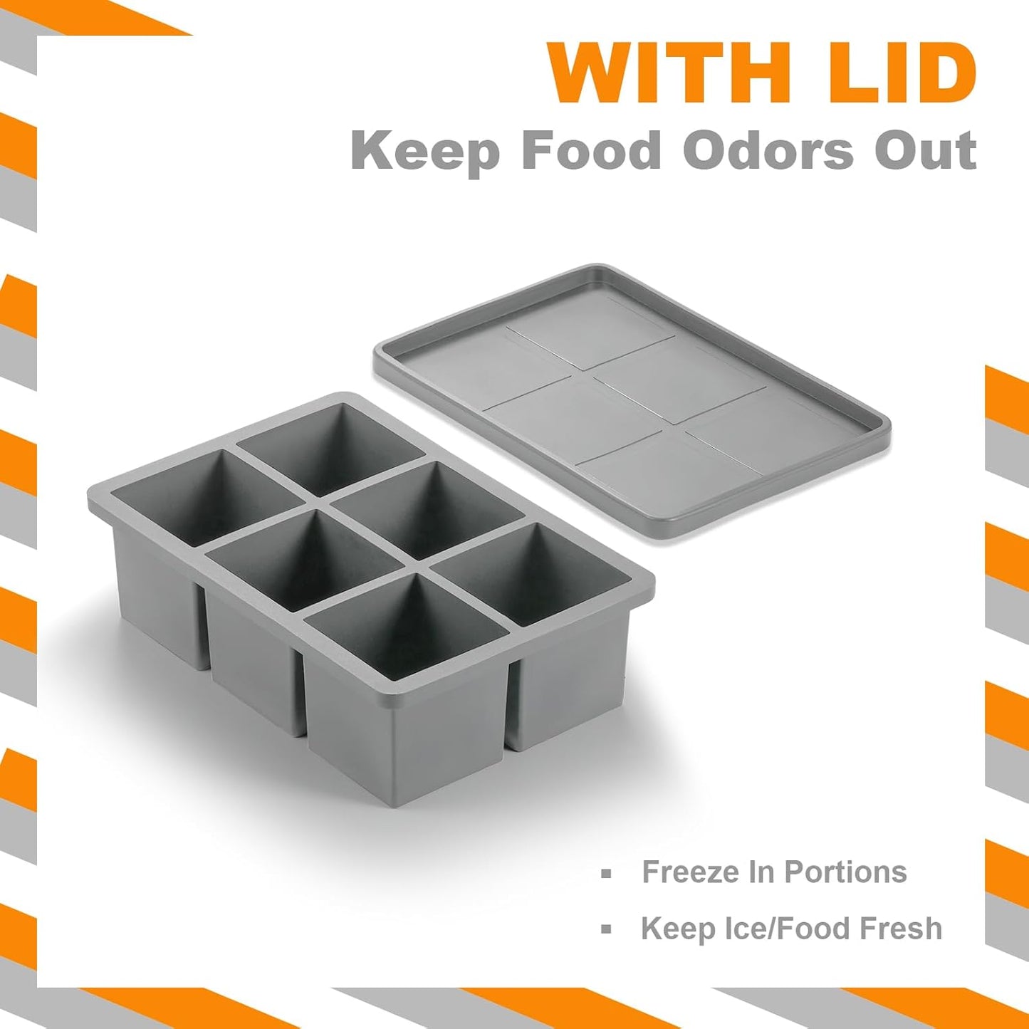 Nax Caki Silicone Large Ice Cube Trays with Lid Pack of 4, Stackable Big Square Ice Cube freezer Molds for Whiskey Cocktails Bourbon Soups Frozen Treats