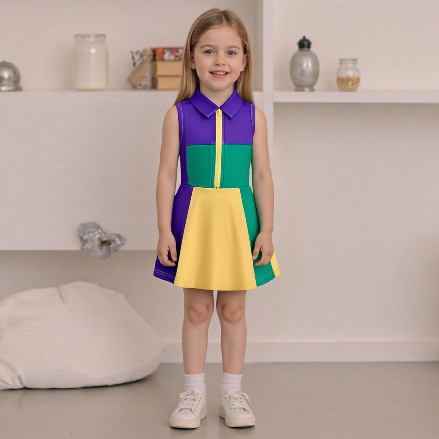 Little Girls Mardi Gras Outfit Toddler Sleeveless A Line Sun Dress Kids Zipper Party Dresses Spring Summer Clothes