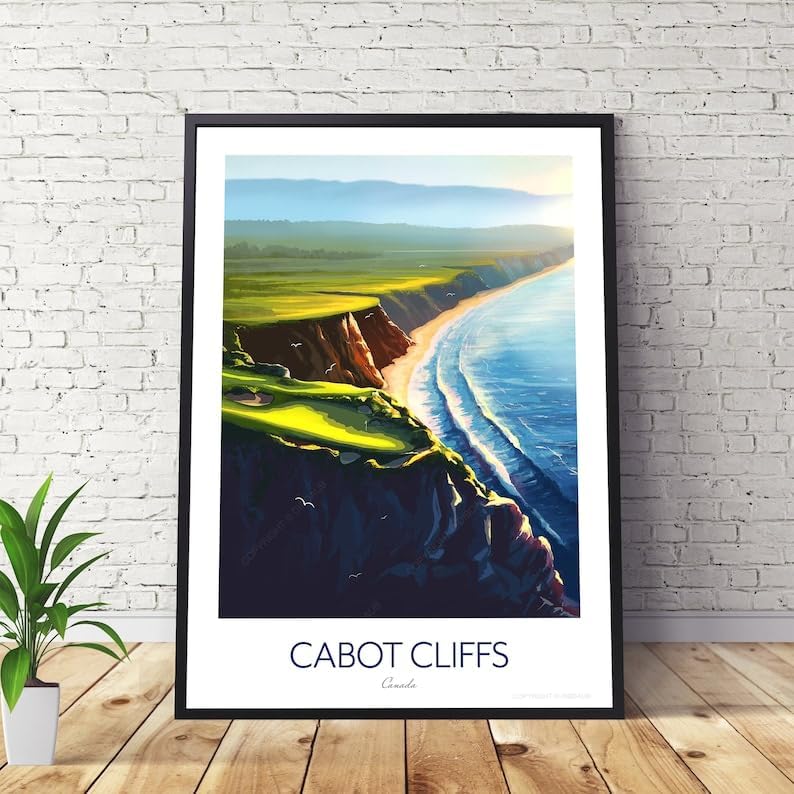 Nationcog Cabot Cliffs Golf Print; 16th Hole - Golf Poster Canada; Coastal Golf Art; Golf Landscape Illustration; Scenic Golf Painting; Luxury Golf Resort Print (Unframed) (11x14)