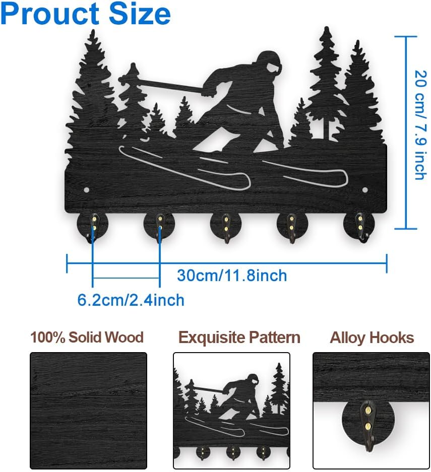 MAYJOYDIY Ski Tree Coat Racks Wood Outdoor Winter Sports Key Holder Wall Mount 11.8×7.9inch Black Key Hooks Rack 5 Alloy Hooks Home Decor Gifts Entryway Kitchen Bathroom Storage Organizer