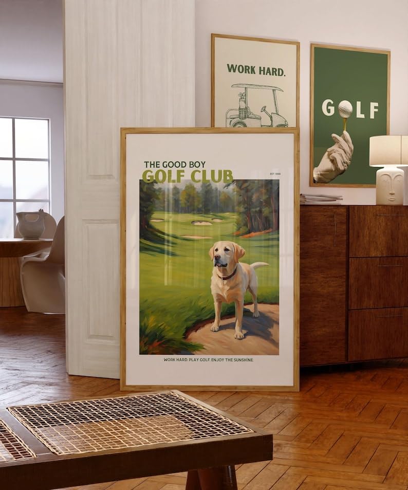 Nationcog Good Boy Golf Club Poster, Yellow Labrador Retriever Dog on Golf Course Wall Art, Funny Retro Golf Print, Funny Golf Poster, Ideal for Bar, Lounge, or Game Room (Unframed) (12x18)
