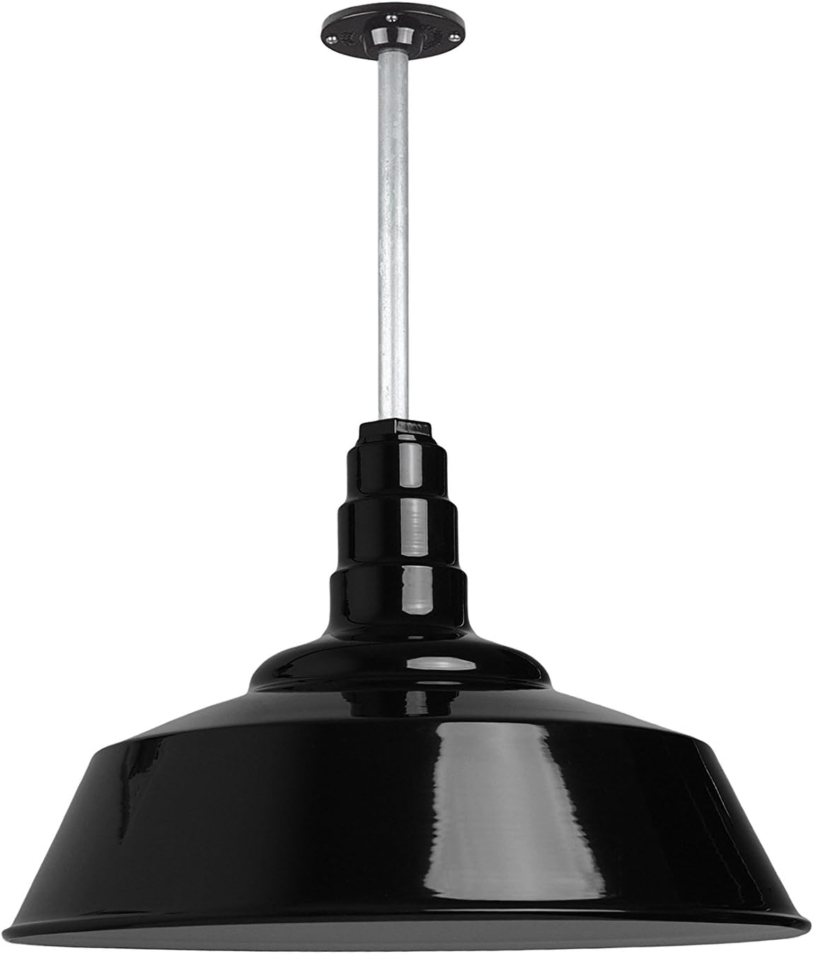 Steel Lighting Co. Manhattan Warehouse Light | Ceiling Mounted Pendant | 20 inch Dome | 12 inch Stem | Large Steel Barn Light Made in America | Black Exterior/White Interior