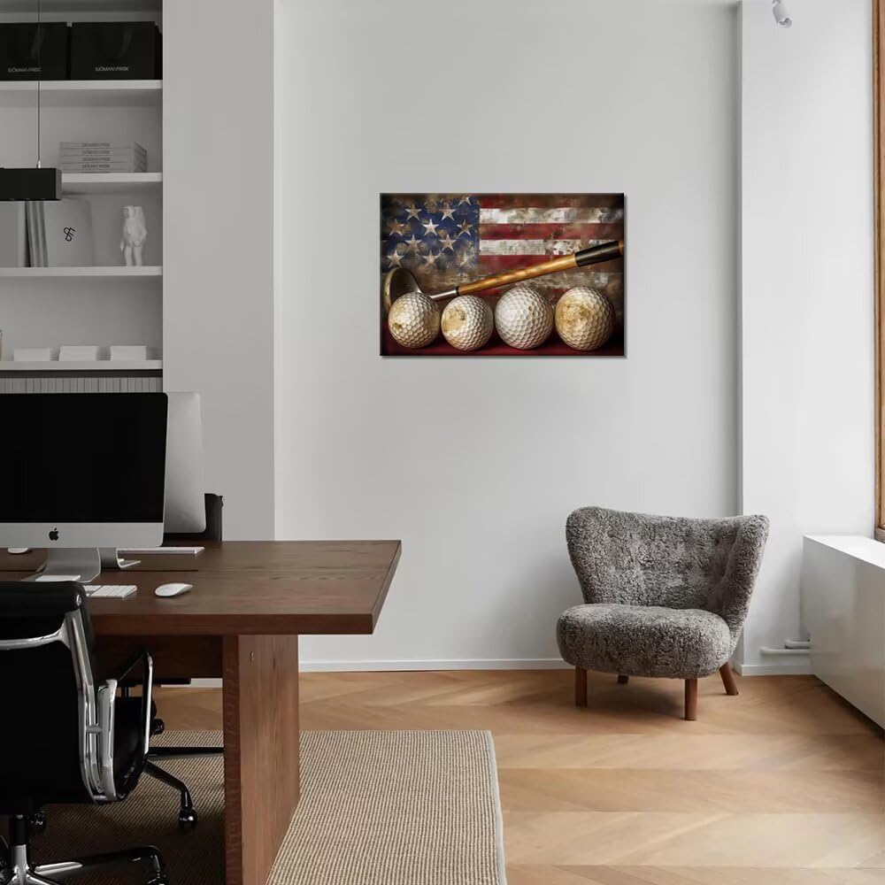 Golf Canvas Wall Art Vintage Golf Ball with American Flag Painting Artwork Leisure Sports Poster Golf Pictures for Living Room Office Club Home Decorations Framed Ready to Hang (24 x 36 inch)