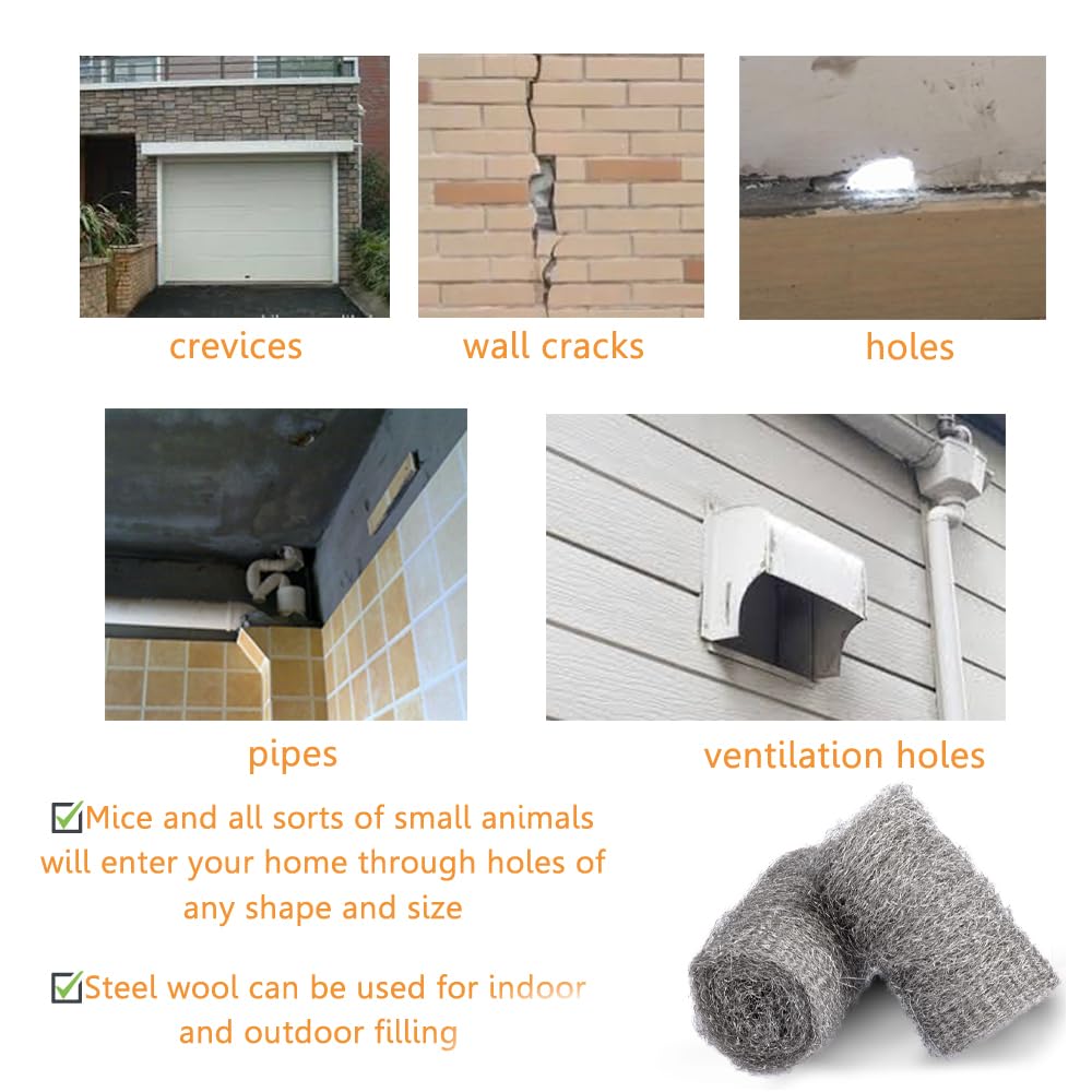 Bulk Steel Wool Roll Kit, Coarse Wire Wool Hardware Cloth Wholesale Packaging, Gap Blocker, Keep Mice Away from Holes/Siding/Pipeline/Vents in Garden, House, 15 Pack × 1.6FT