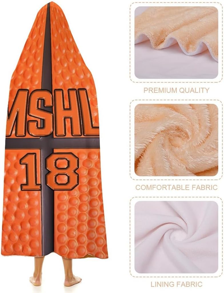 Personalized Basketball Lovers Gifts Wearable Ball Themed Hooded Blanket Customized Sport Hooded Throw-Blanket Gifts for Sofa Bedding Travel Custom Wearable Basketball Sport Blanket with Name