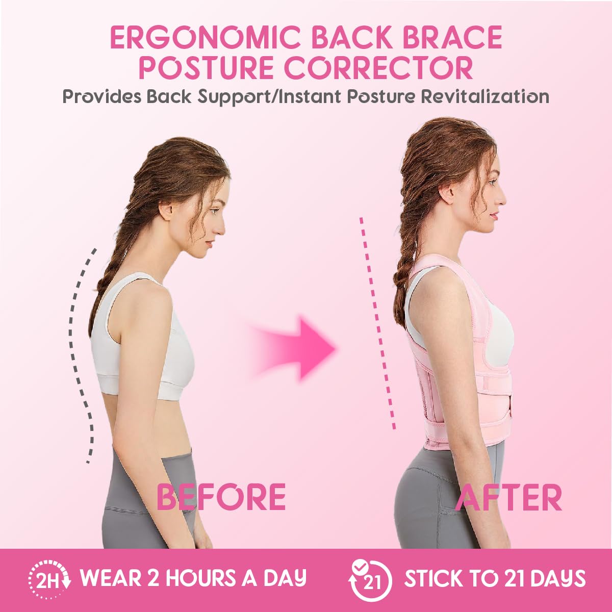 Posture Corrector for Women & Men – Adjustable Back Brace with Full Back Support, Shoulder Straightener for Spine Alignment, Scoliosis, Hunchback & Back Pain Relief (Pink,Large)