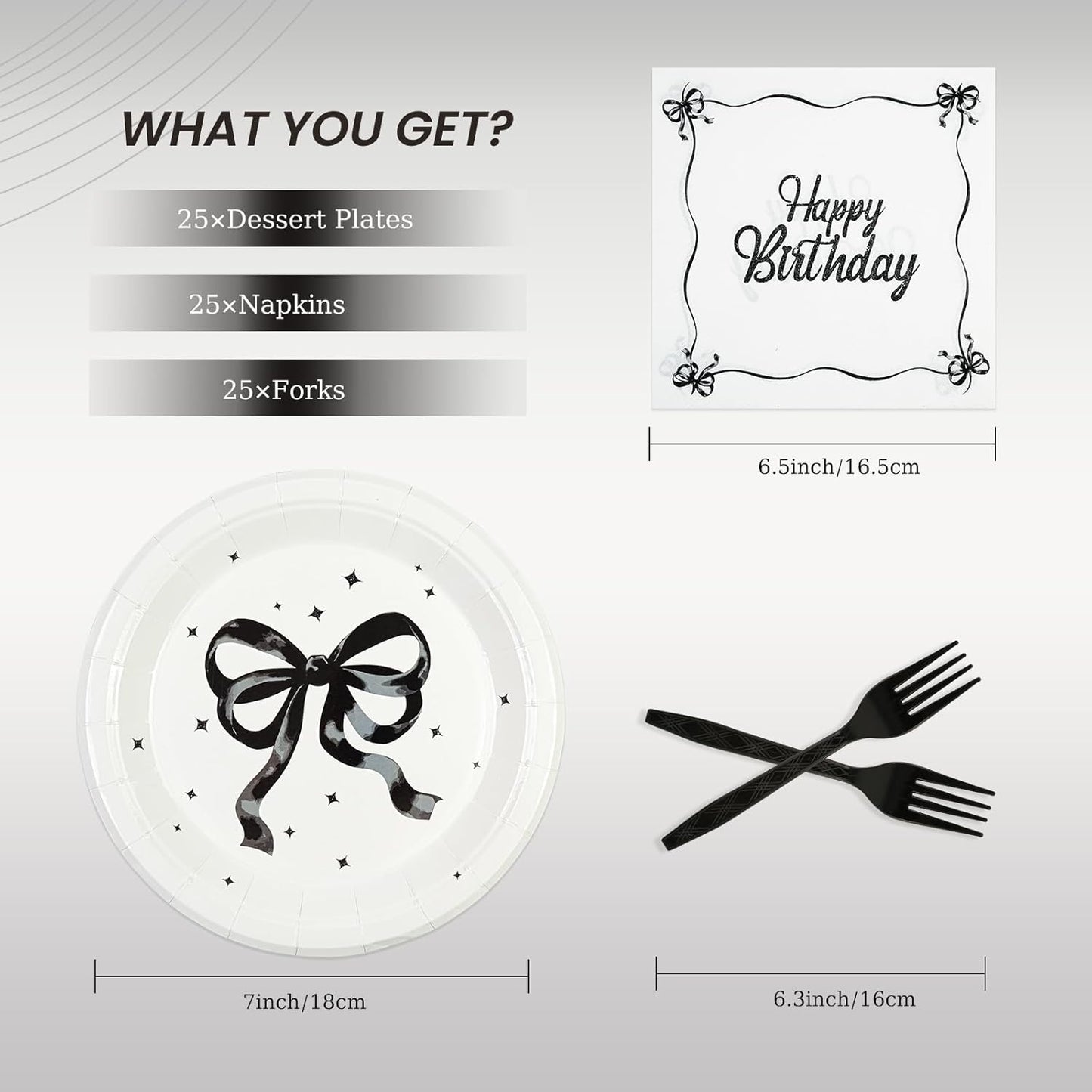 75PCS Black Bow Birthday Paper Plates and Napkins - Conquette Themed Tableware Set Include 7inch Paper Plates Napkins Forks Disposable Decoration Supplies for Birthday Party, Serve 25