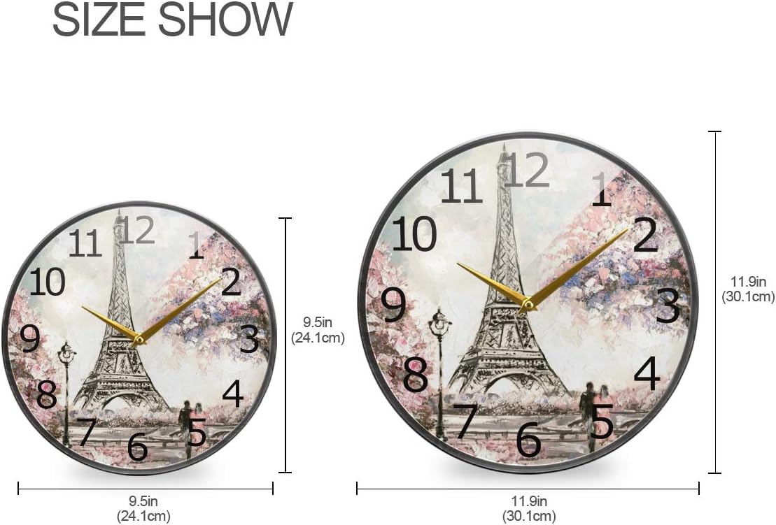 ALAZA Street Cherry Blossom Paris Eiffel Tower Oil Painting Art Acrylic Silent Non-Ticking Round Wall Clock, 12 Inch Battery Operated Quiet Bathroom Clock for Living Room Bedroom Kitchen Decor