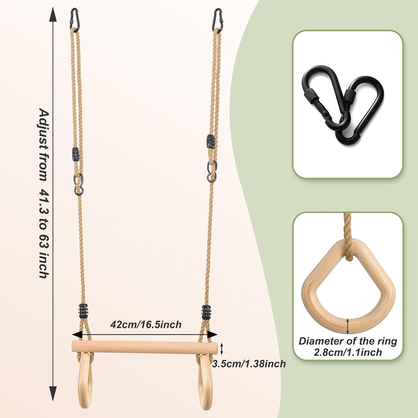 YAERSI Children's Trapeze Swing Bar with Wooden Gym Rings,Trapeze Bar for Swing Set （Water Drop）