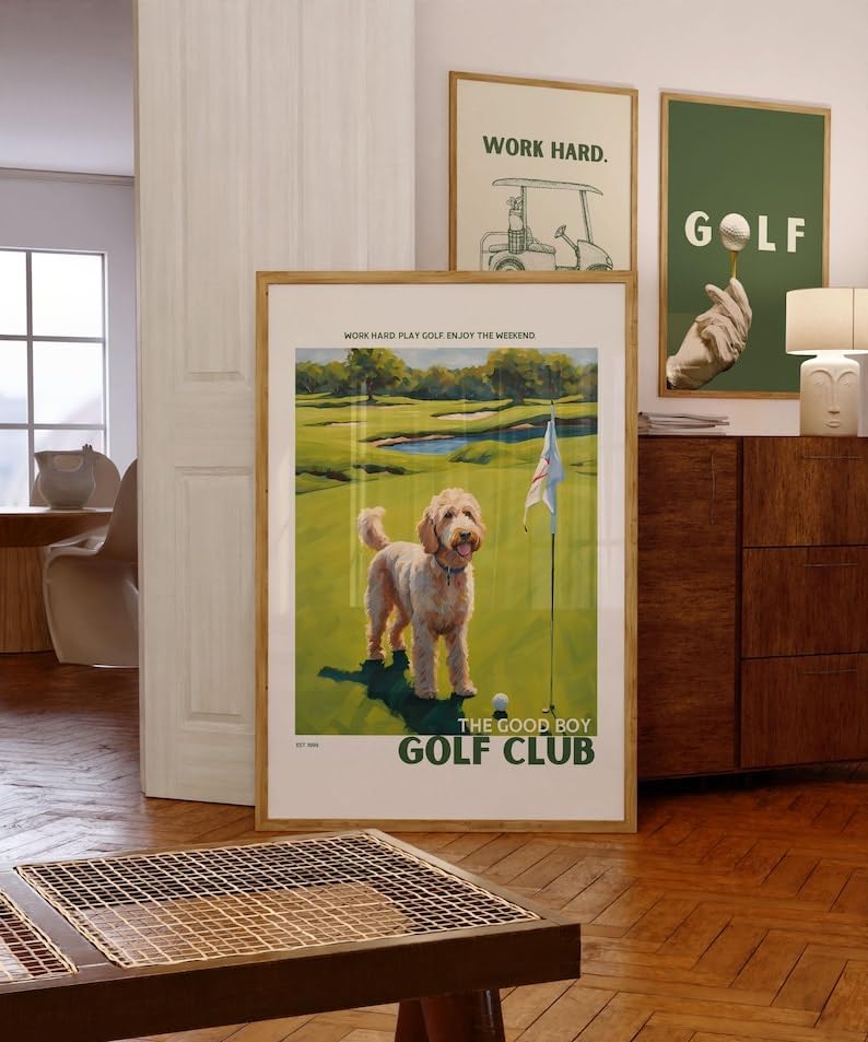 Nationcog Golf Wall Art Print, Good Boy Golf Club Poster with Golden Doodle, Colorful Impasto Artwork, Trendy Sports Decor, Great Golf Gift for Dog Lovers and Enthusiasts (Unframed) (9x11)