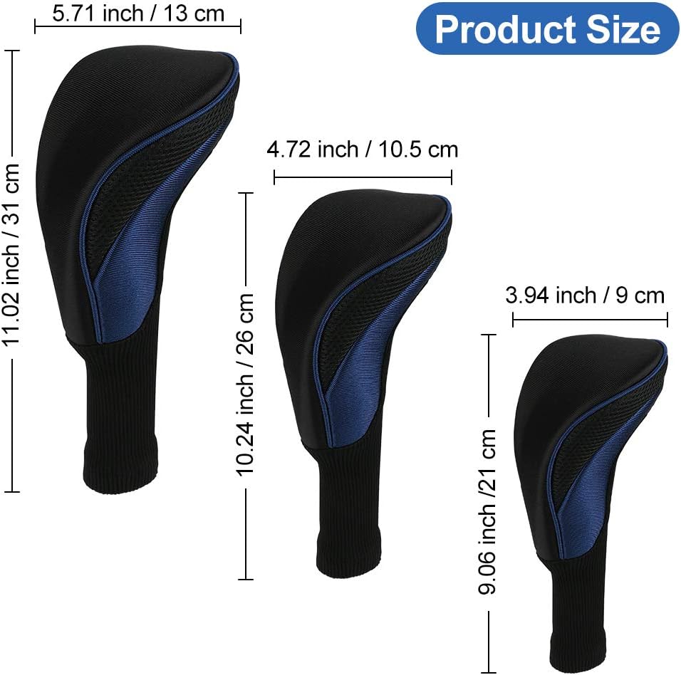 Golf Club Head Covers for Fairway Woods Driver Hybrids, 3Pcs Long Neck Mesh Golf Club Headcovers Set with Interchangeable No. Tags 3 4 5 6 7 X