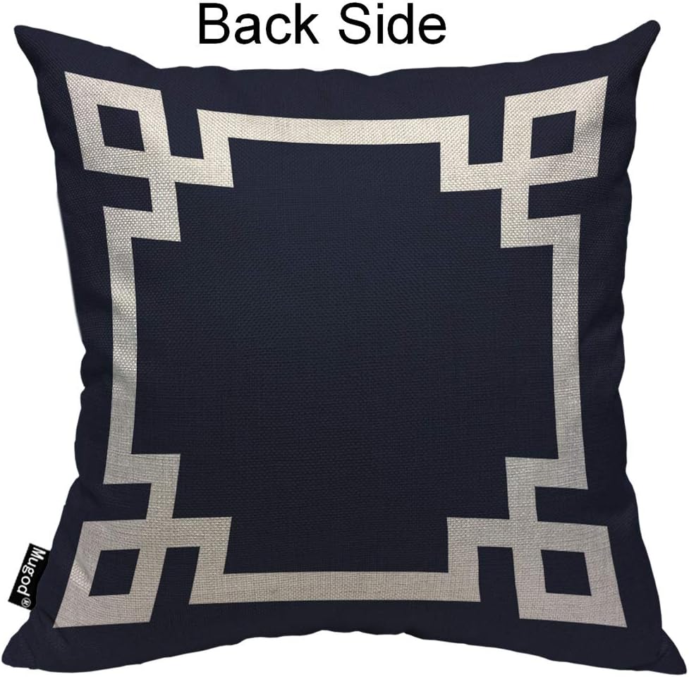 Mugod Greek Key Border Throw Pillow Meander Art Ancient Greek Fret White Navy Blue Black Cotton Linen Square Cushion Cover Standard Pillowcase 18x18 Inch for Home Decorative Bedroom/Living Room/Car