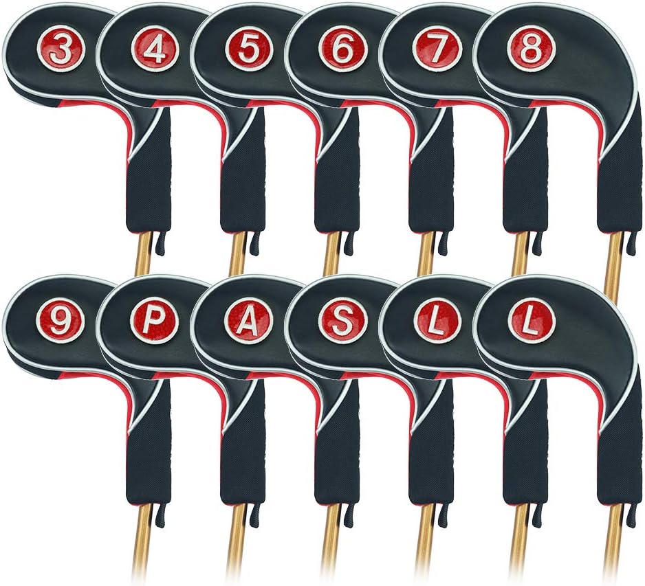Craftsman Golf 12pcs Golf Iron Putter Head Covers Headcover Set Black & Red Fit All Brands Callaway, Ping, Taylormade, Cobra, Etc.
