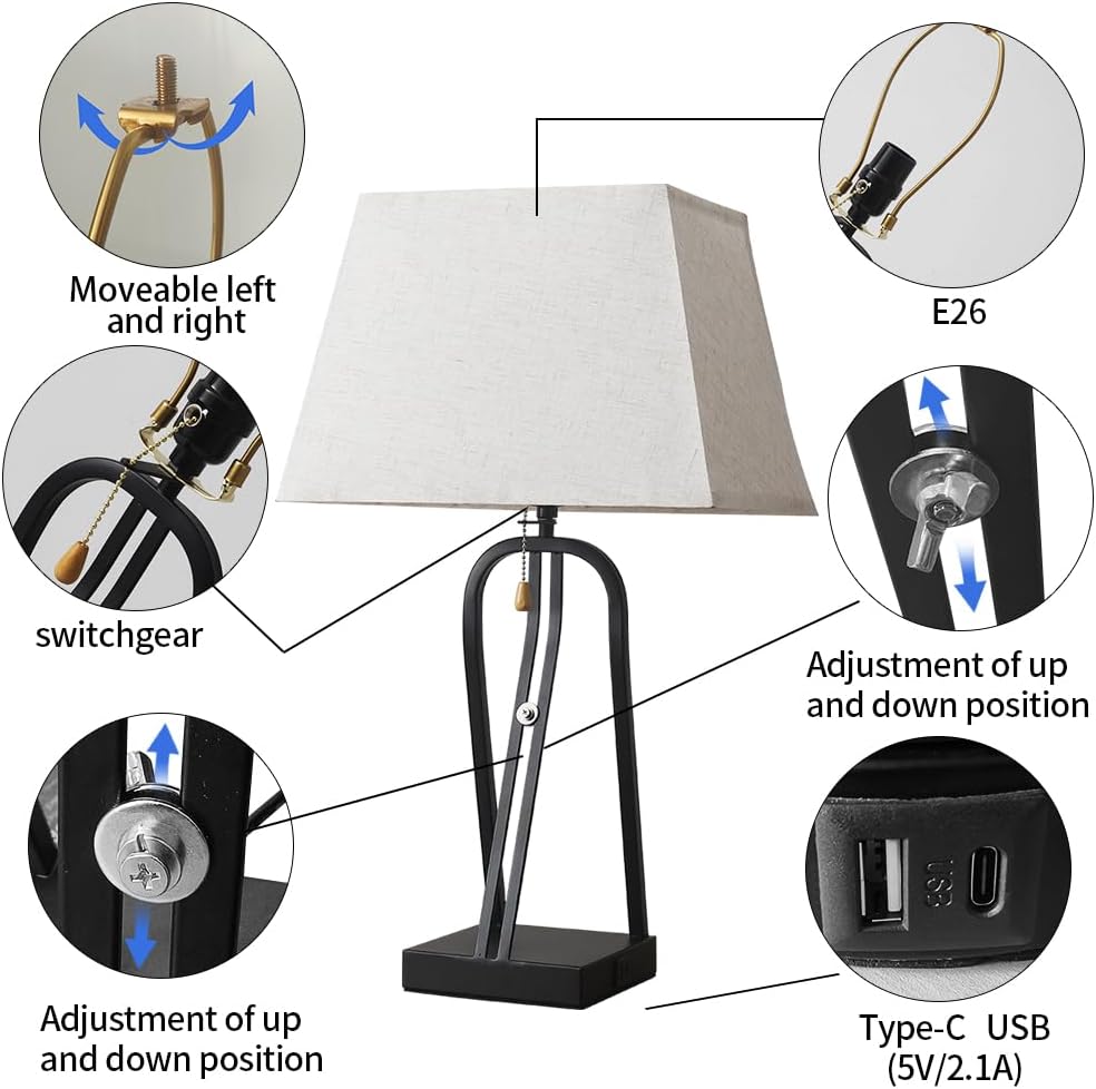 Table Lamp with Photo Frame Design, USB-C and USB-A Ports, Black, Modern Farmhouse Style