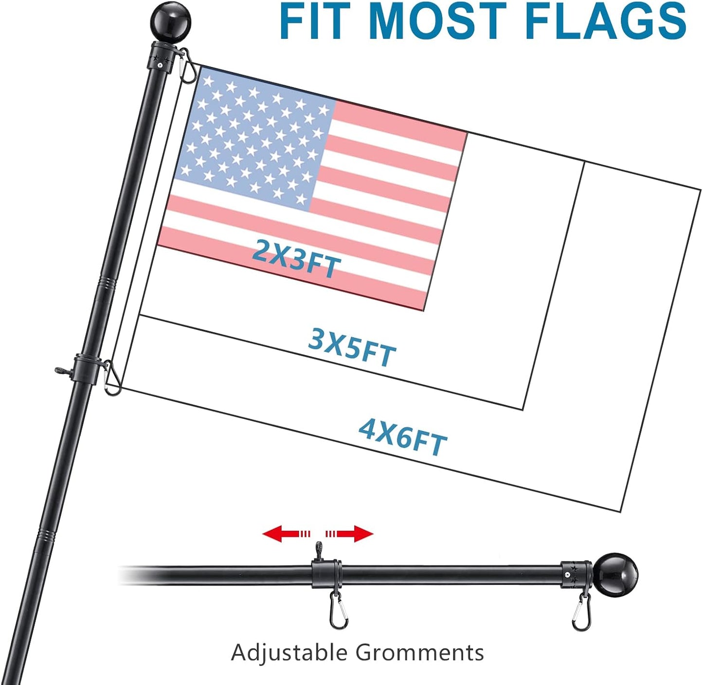 Flag Pole for Outside House - 6ft Heavy Duty Metal Flag Pole Kit, Tangle Free Spinning Flagpole Holder For Outdoor Porch Residential Decoration - Black