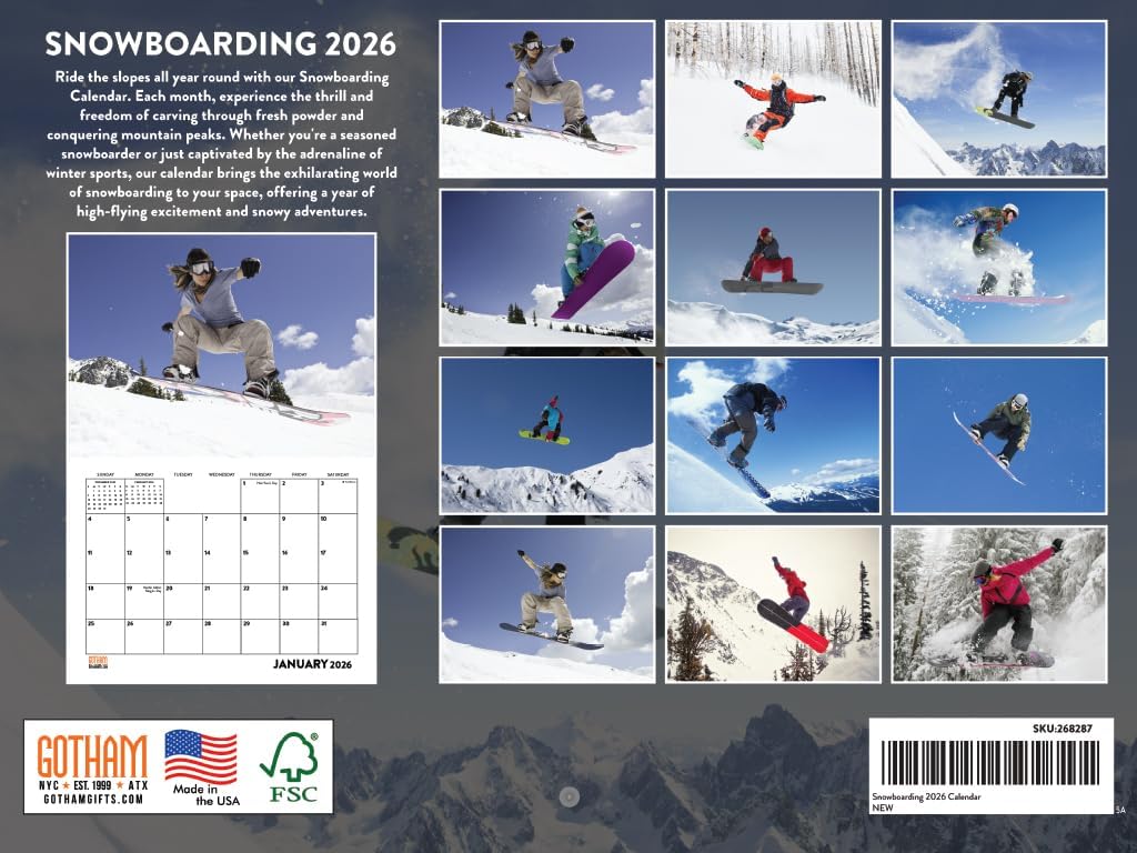 Snowboarding Calendar 2026 Snowboard Monthly Wall Calender 12 Month | American Made In The USA