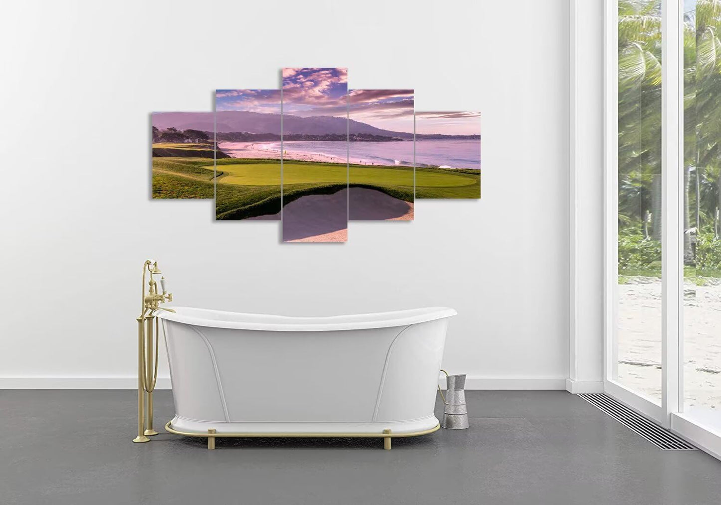 Pebble Beach Golf Course Hole 9th Wall Art Pictures Monterey California Golf Course Wall Decor for Living Room Bedroom Bathroom Home Decorations Canvas Prints Framed Ready to Hang(60''W x 32''H)