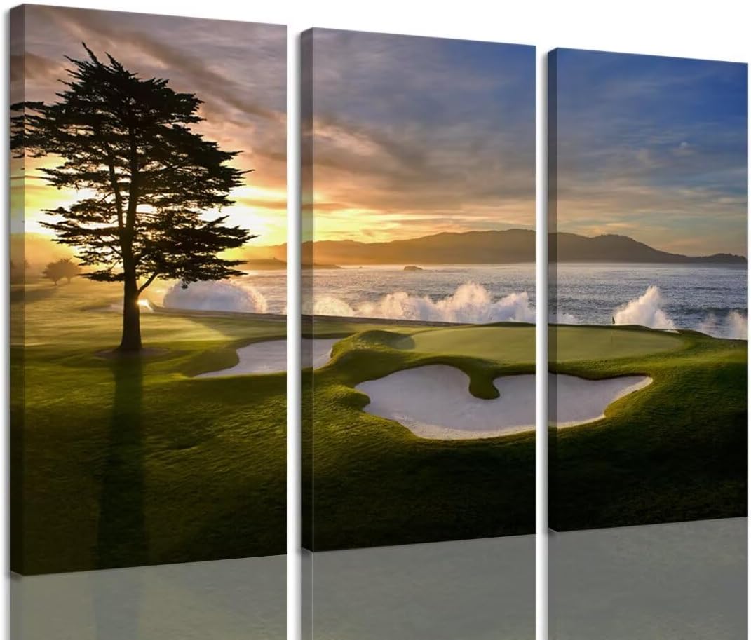Pebble Beach Golf Course Wall Art Pictures Golf Wall Decor for Living Room Bedroom Home Decorations Golf Course Posters Framed Artwork Canvas Prints Ready to Hang(12''W x 24''H x3)