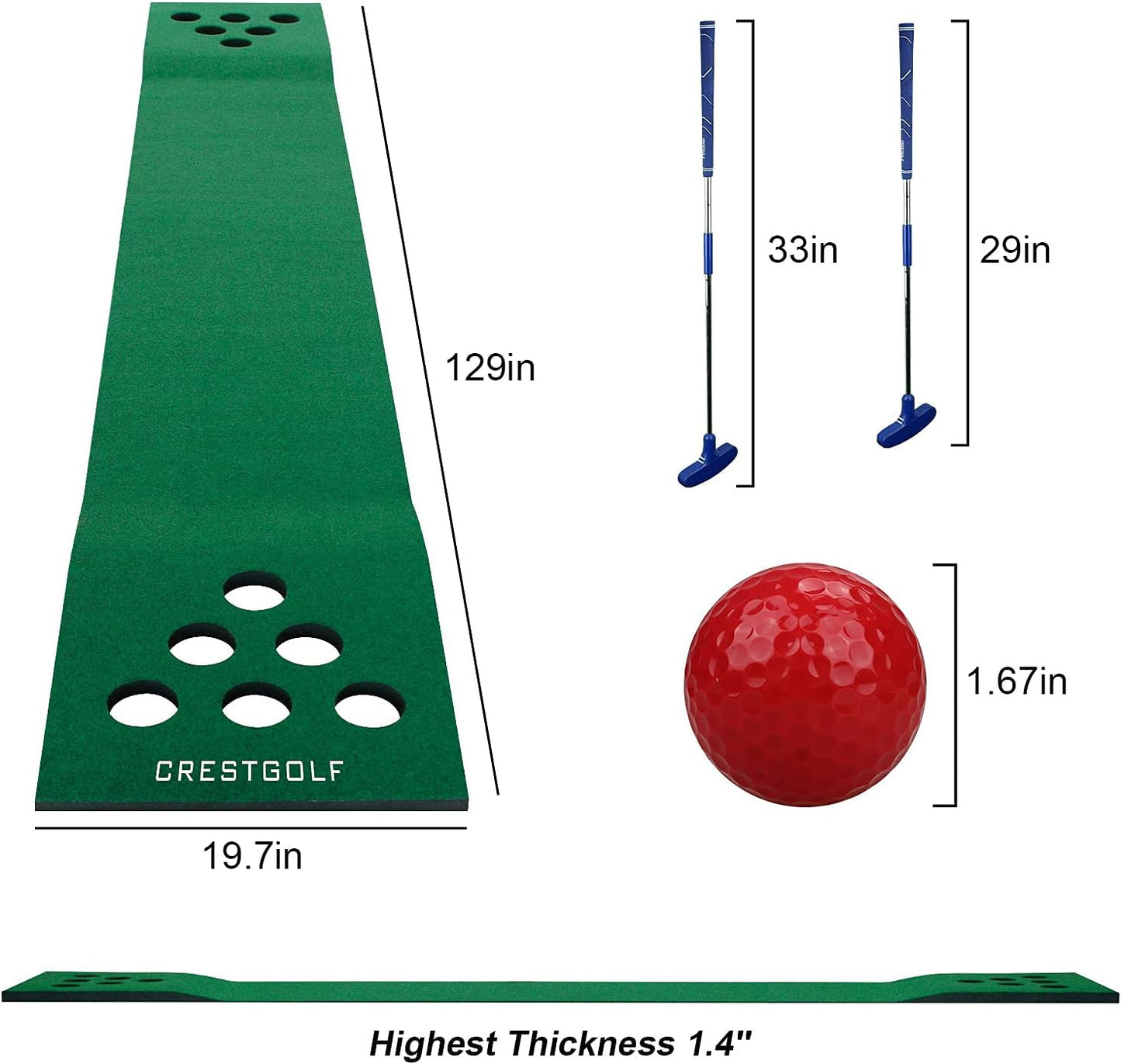 Crestgolf Mat Game Set Green Mat, Putting with 2 Adjustable Putters, 6 Golf Balls,12 Golf Hole Covers for Indoor&Outdoor Short Game Office Party Backyard Use