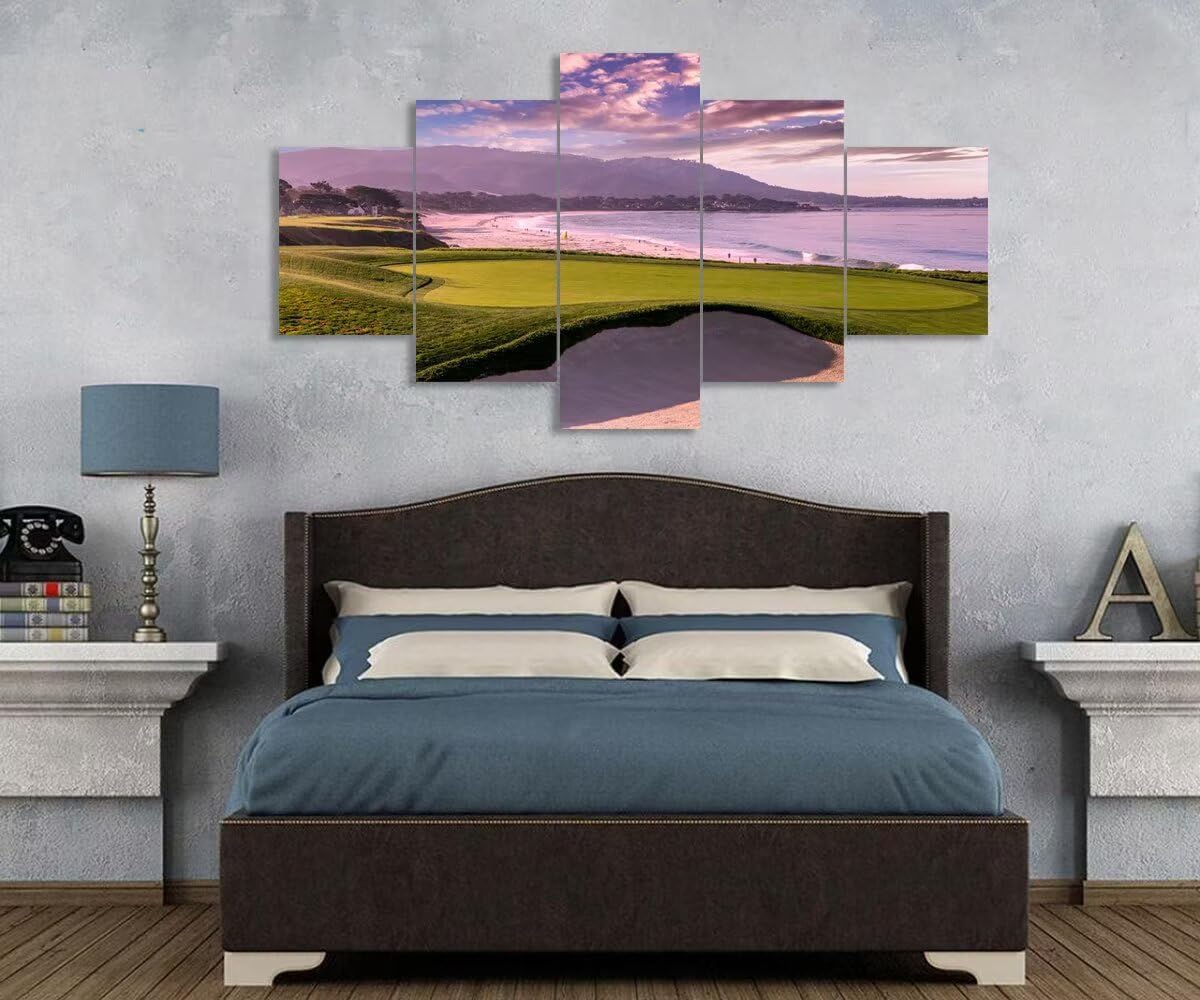 Pebble Beach Golf Course Hole 9th Wall Art Pictures Monterey California Golf Course Wall Decor for Living Room Bedroom Bathroom Home Decorations Canvas Prints Framed Ready to Hang(60''W x 40''H)
