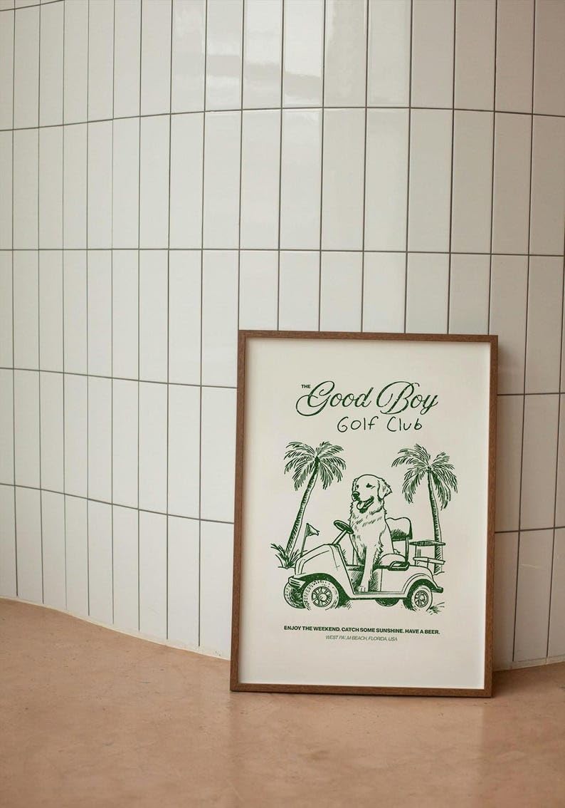 Good Boy Golf Club Poster, Golden Retriever Dog Driving Golf Cart Print, Funny Retro Golf Wall Art, Stylish Golf Wall Decor for Home, Office, or Man Cave (Unframed) (20x30)