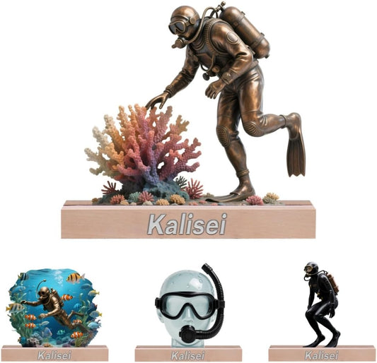 Personalized Diver Desktop Ornament Sign Custom Name Desk Sign Art Diving Lovers Flat Plaque with Wooden Base for Home Men Cave Desk Decoration Plaque Gifts for Diver Birthday Christmas Xmas