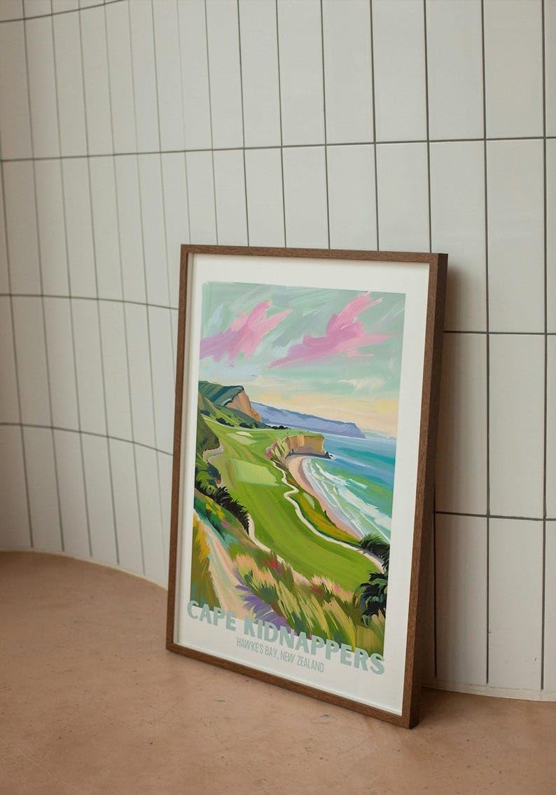 Nationcog Golf Wall Art Print, Cape Kidnappers New Zealand Golf Course Poster, Scenic Coastal Painting, Trendy Sports Decor, Vintage Golf Artwork, Ideal Gift for Golf Lovers (Unframed) (12x18)