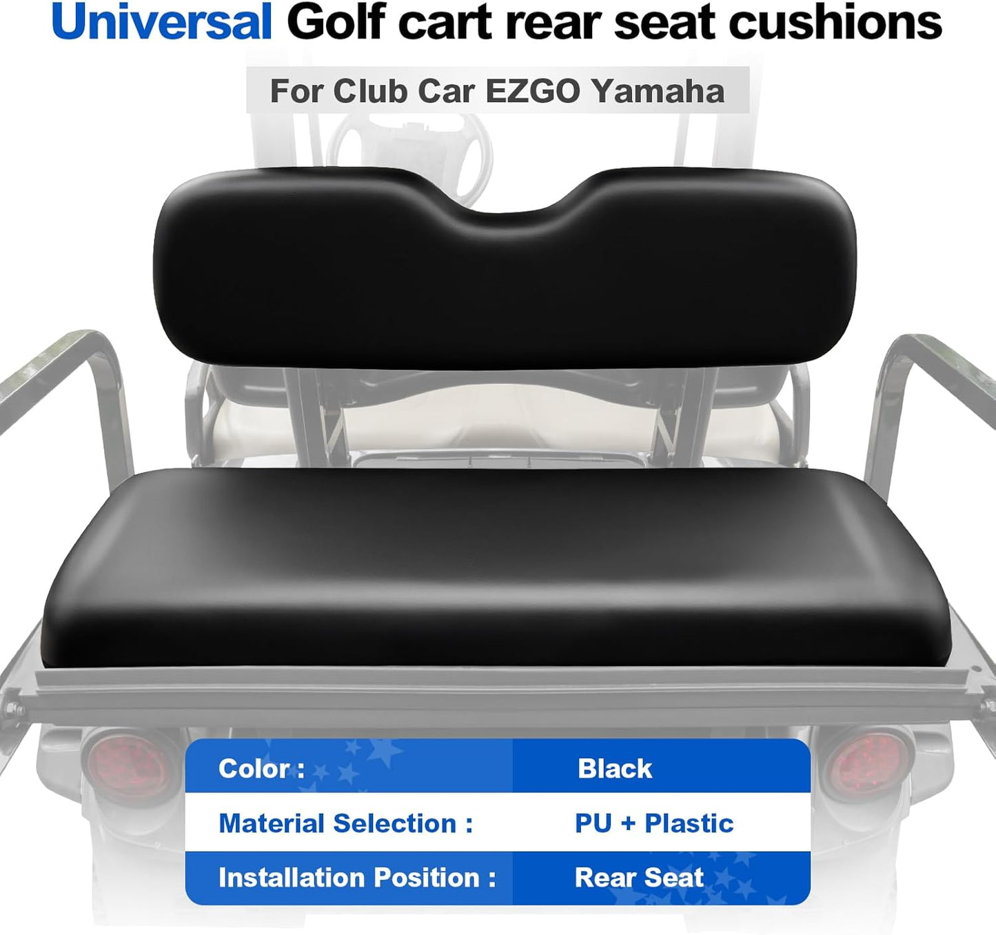 NOKINS Golf Cart Rear Seat Replacement Cushion, Universal Back Seat Cushions for Yamaha/EZGO TXT/RXV/Club Car Precedent/DS, Waterproof Vinyl Leather & Memory Foam, Black