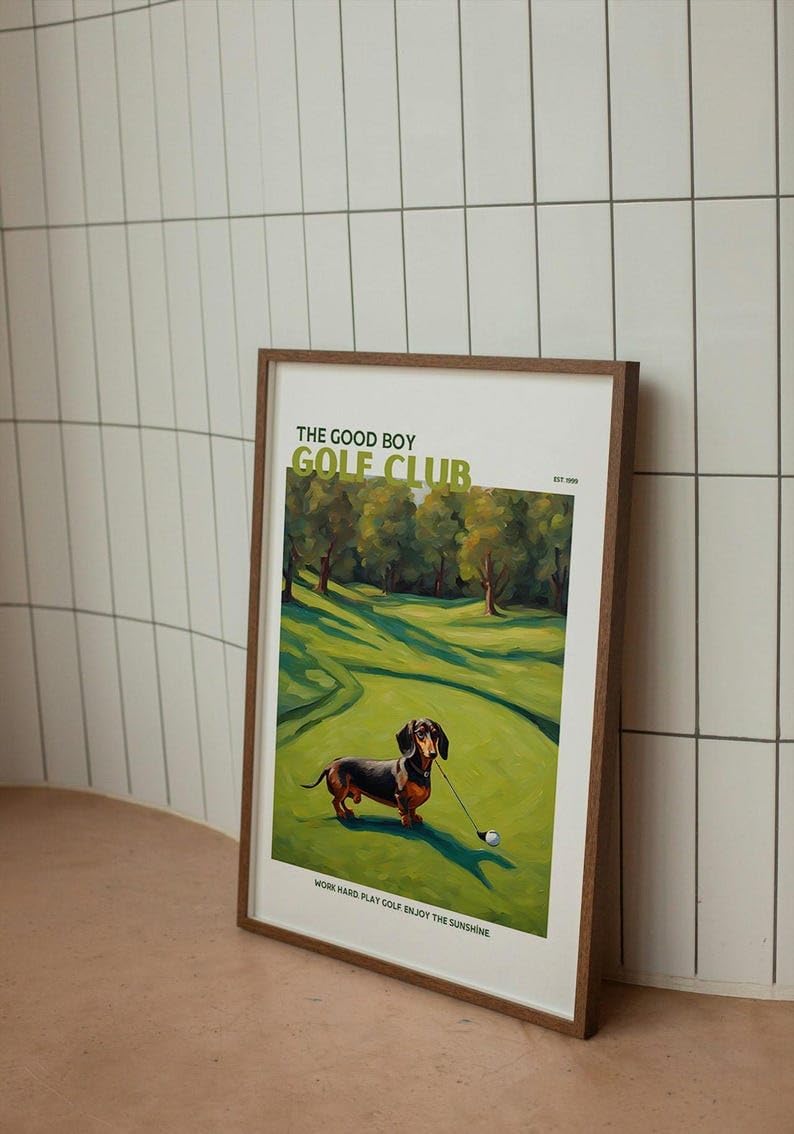 Nationcog Golf Wall Art Print, Good Boy Golf Club Poster with Dachshund Dog, Colorful Impasto Painting, Retro Sports Decor, Funny Wiener Dog Artwork, Great Gift for Golf Fans (Unframed) (11x14)