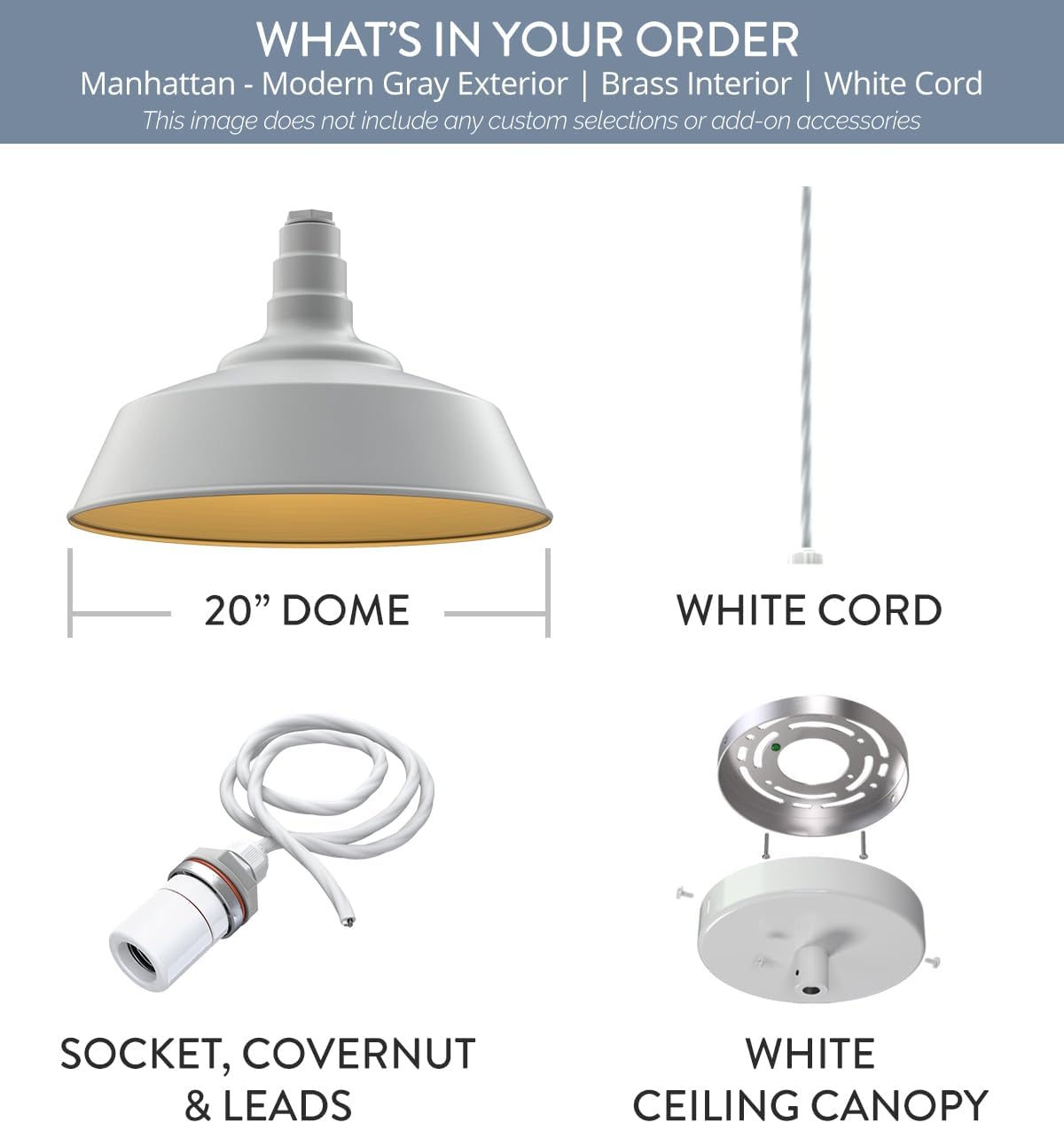 Steel Lighting Co. Manhattan Warehouse Light | Ceiling Mounted Pendant | 20 inch Dome | 4' White Cord | Large Steel Barn Light Made in America | Modern Gray Exterior/Brass Interior