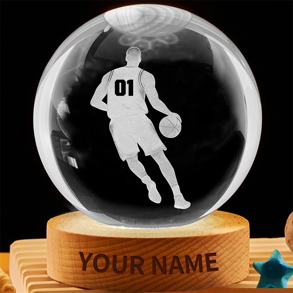 Personalized Basketball Crystal Night Light Gift for Men Women, Custom Name/Number Basketball Player 3D Crystal Ball Night Light Lamp for Bedroom Room Sports Decor Party Bar Christmas Birthday Gift