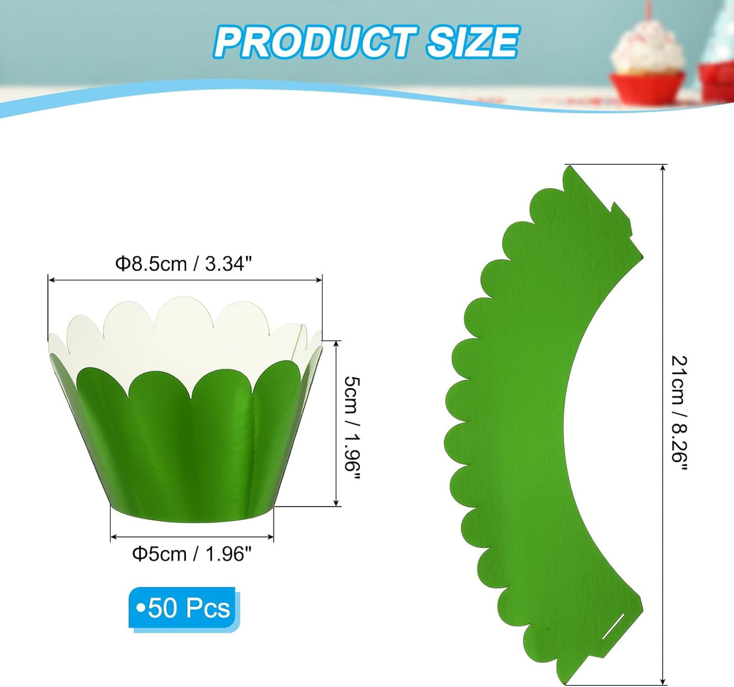PATIKIL Cupcake Wrappers Paper, 50 Pack Baking Cups Standard Wave Decoration for Anniversary Birthday Weddings and Parties, Reflective Green