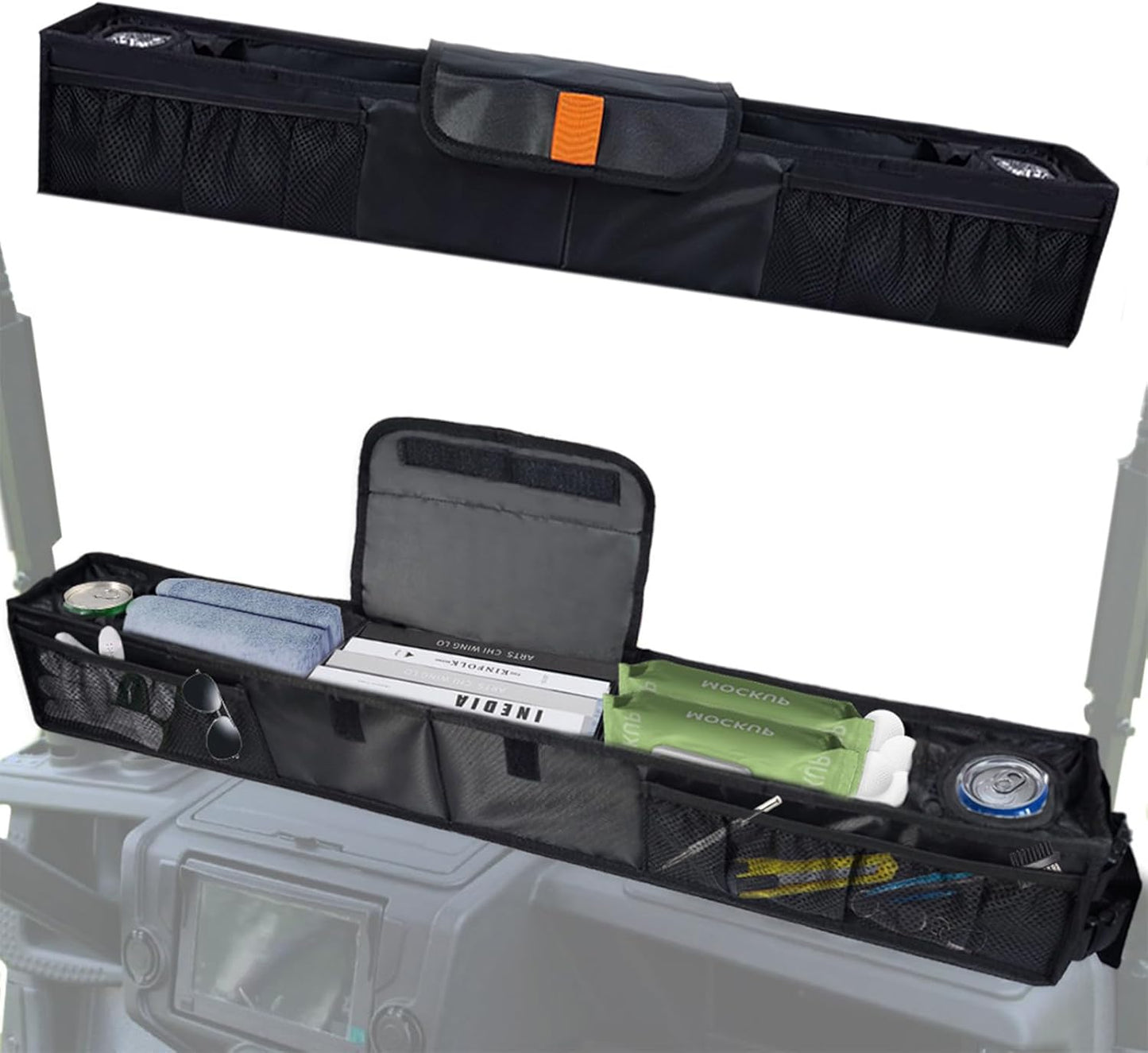 No Drilling Golf Cart Organizer Bag with Insulated Cup Holders, Golf Cart Dash Storage Tray Compatible with EZGO Club Car Drive Kandi Yamaha ICON