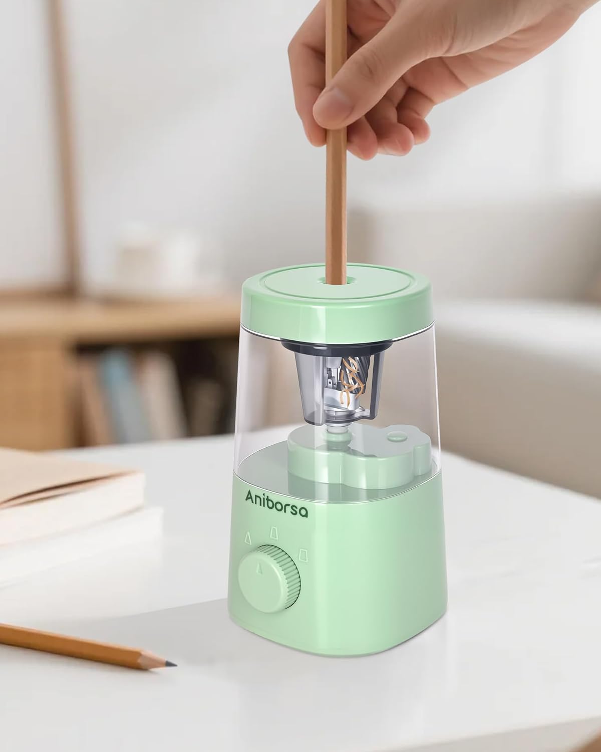 Electric Pencil Sharpener, Helical Blade Automatic Pencil Sharpener, Battery/USB Cord Operated Adjustable Sharpness for 6-8 mm Pencil, Classroom, School, Office, Home, Green