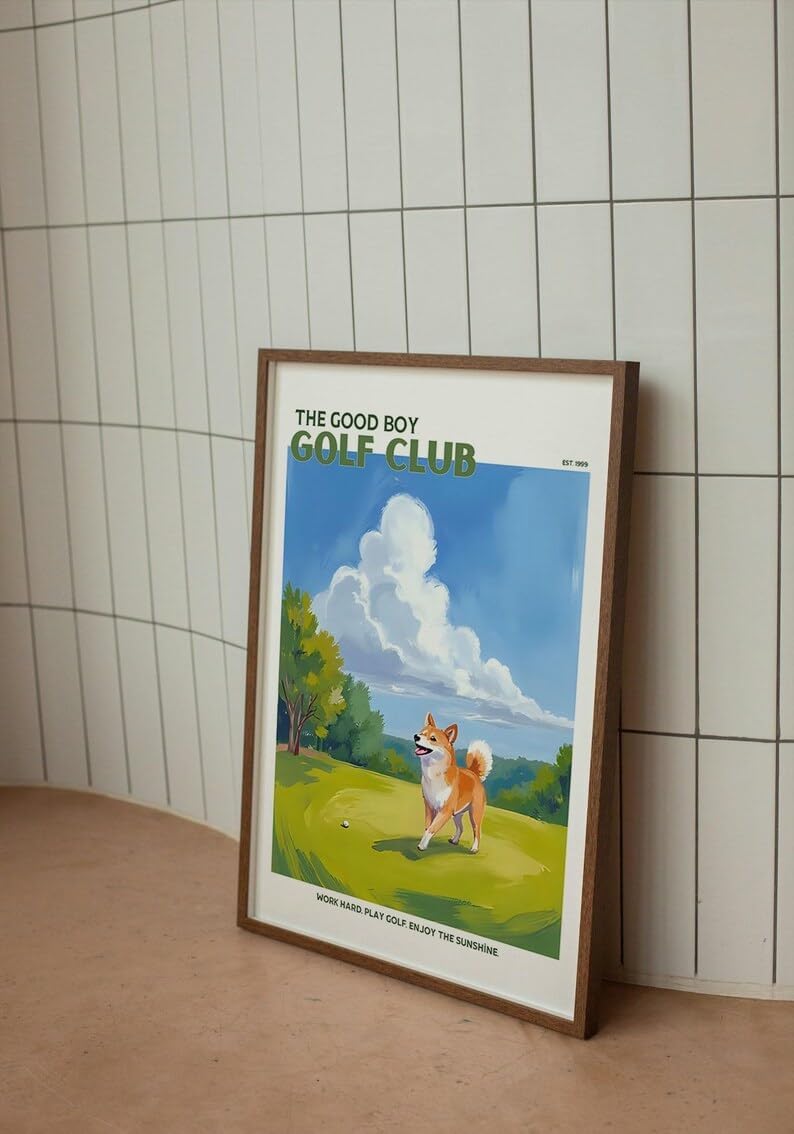 Good Boy Golf Club Poster, Shiba Inu Dog on Golf Course Wall Art, Retro Oil Painting Style Golf Print, Trendy Golf Wall Art, Creative Present for Golf Enthusiasts (Unframed) (9x11)