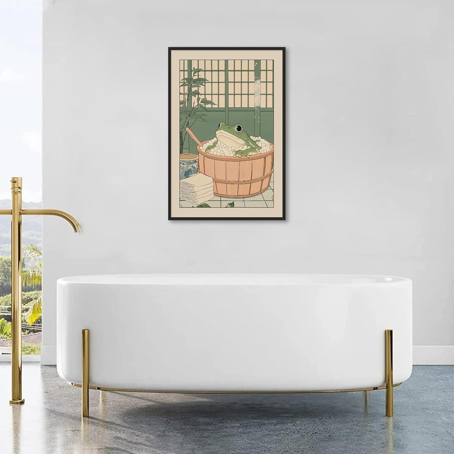 Funny Bathroom Wall Art Japanese Aesthetic Frog in a Bathtub Posters Cute Animal Canvas Prints Vintage Neutral Minimalist Wall Decor for Apartment Dorm 12x16in Framed