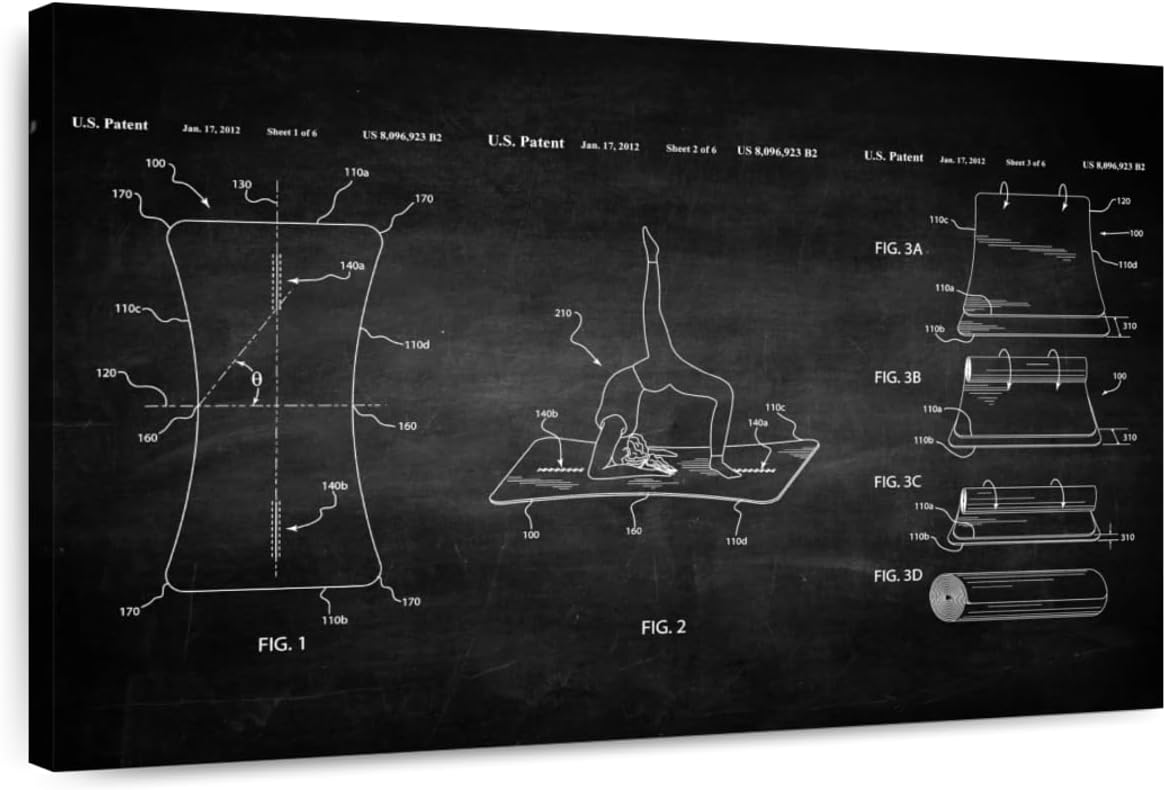 ElephantStock Exercise Mat BW Patent Wall Art - Horizontal Wrapped Canvas - 1-Piece Living Room Wall Decor - Digital Art Patent Canvas Print - Black and White Decor - 24" X 16"