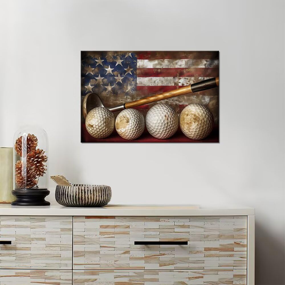 Golf Canvas Wall Art Vintage Golf Ball with American Flag Painting Artwork Leisure Sports Poster Golf Pictures for Living Room Office Club Home Decorations Framed Ready to Hang (24 x 36 inch)