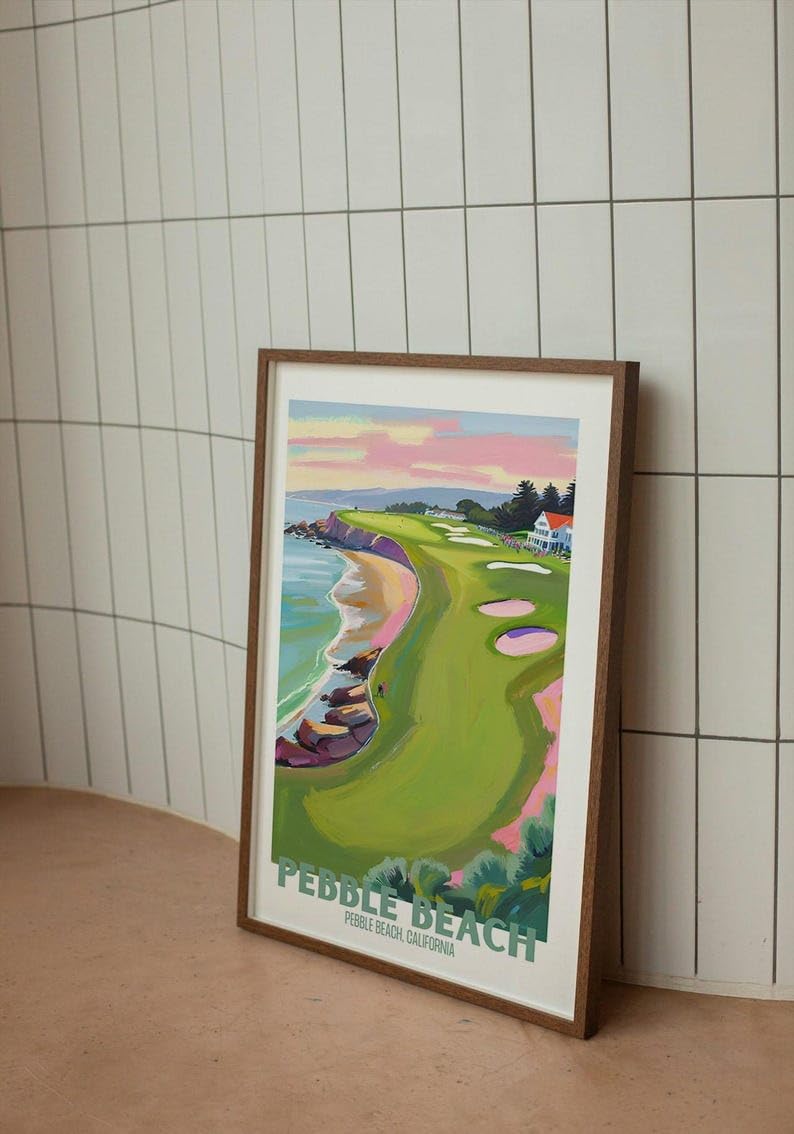 Nationcog Pebble Beach Golf Course Poster, Vintage California Travel Wall Art Print, Retro Coastal Landscape Painting, Unique Golf Course Poster for Collectors and Sports Fans (Unframed) (27x40)