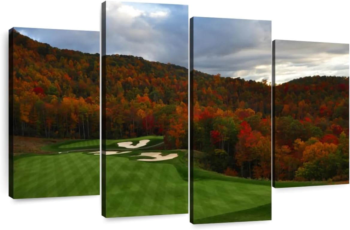 Elephant Stock Autumn Golf Course Wall Art - Horizontal Canvas - 4-Piece Living Room Wall Decor - Photography Sports Canvas Print - Blue and Orange Decor for Wall - 52" X 32"