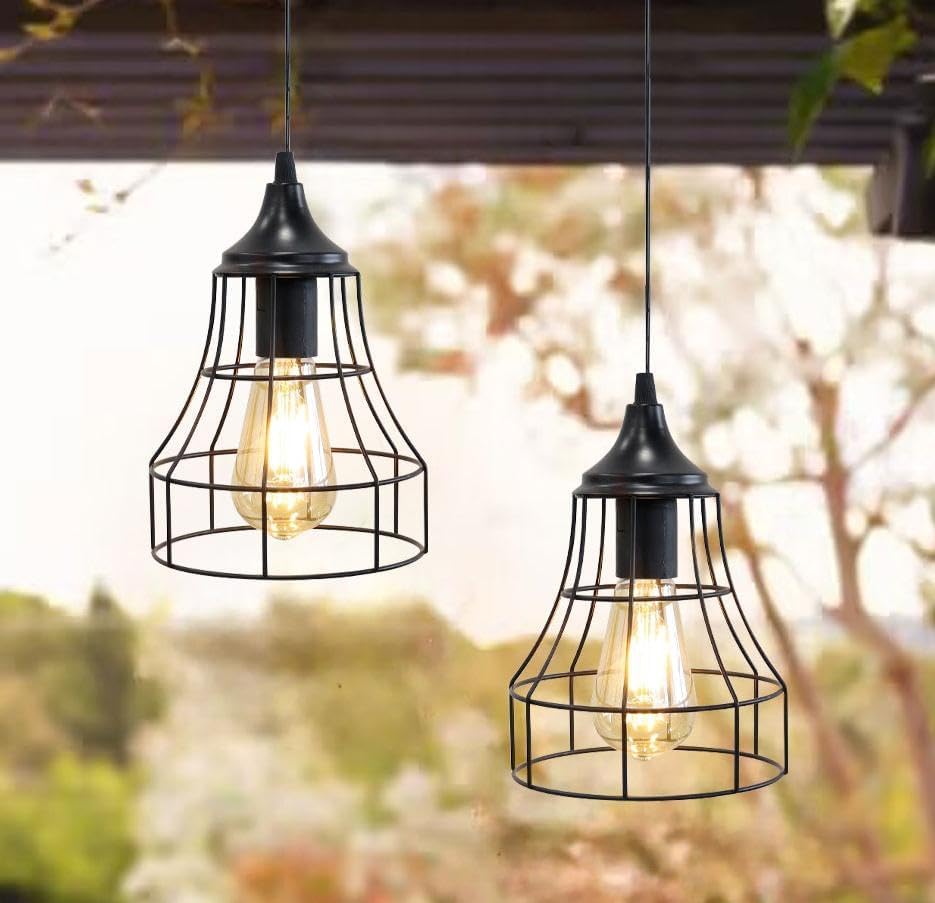 JHY DESIGN Hanging Lamp Set of 2 Battery Powered Decorative Pendant Lamp Metal Cage Battery Lamp with 6 Hours Timer for Bar Bedroom Garden Parties Patio Indoor Outdoor Living Room(Geometry)