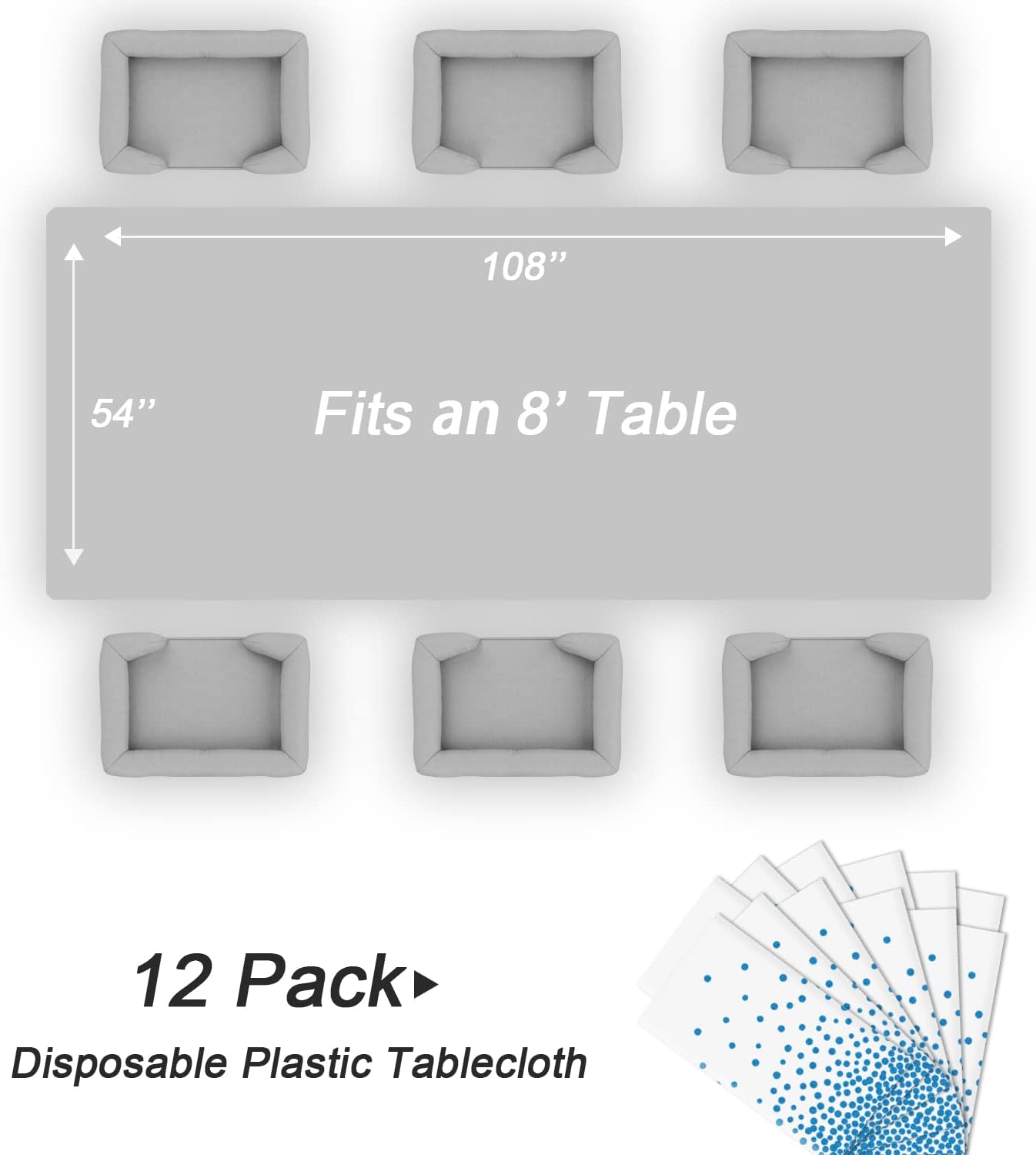 QIKSION 12 Pack White and Blue Dot Plastic Tablecloth, Waterproof Disposable Party Table Cloths for Baby Shower, Wedding, Anniversary, Birthday Party(54 × 108 Inch)
