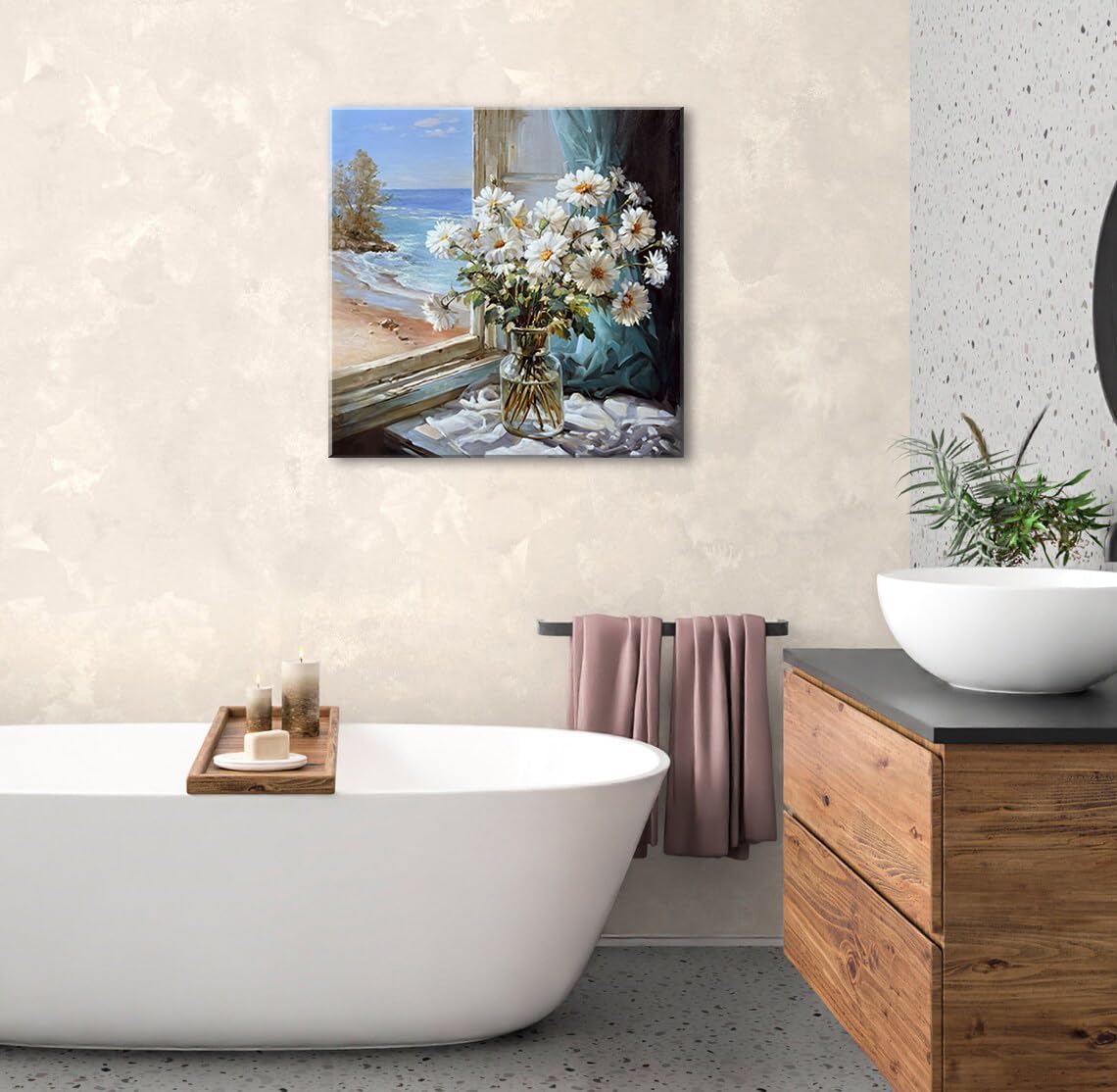 Bathroom Wall Decor White Flowers Canvas Wall Art Print Blue Beach Picture Ocean Modern Poster Coastal Seascape Painting Floral Daisy Artwork for Office Bedroom 20"x20"