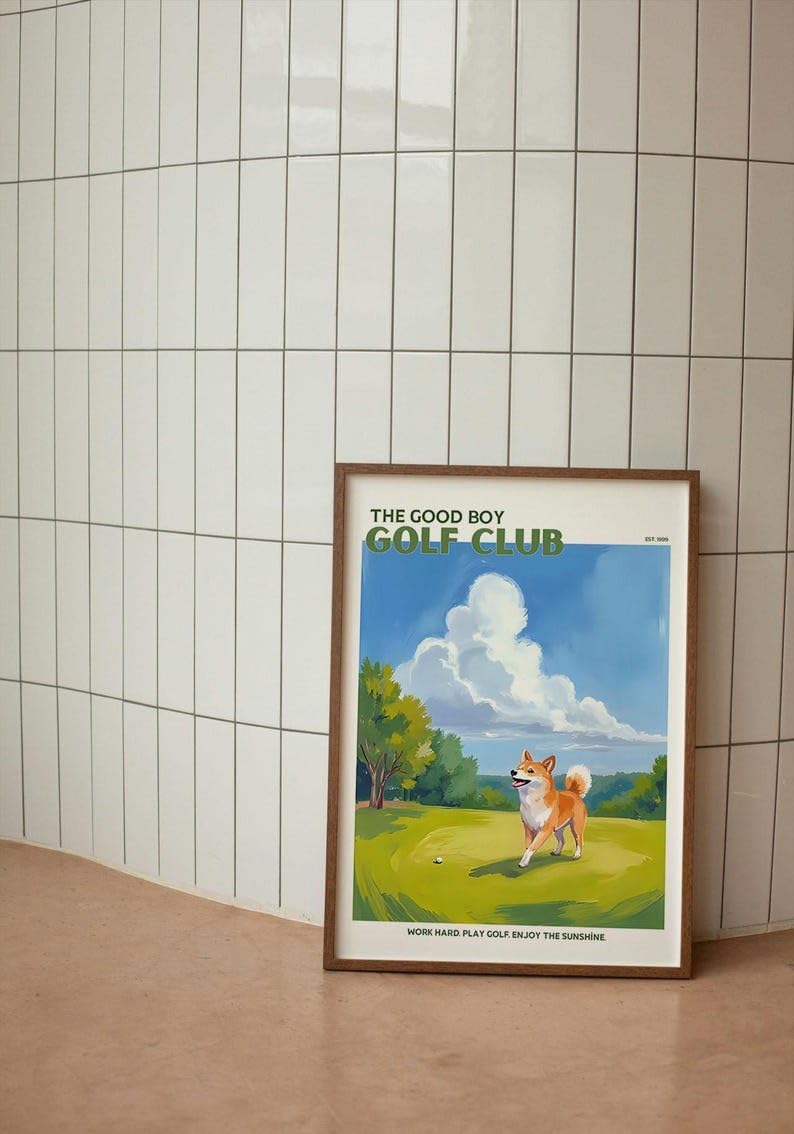 Good Boy Golf Club Poster, Shiba Inu Dog on Golf Course Wall Art, Retro Oil Painting Style Golf Print, Trendy Golf Wall Art, Creative Present for Golf Enthusiasts (Unframed) (12x18)
