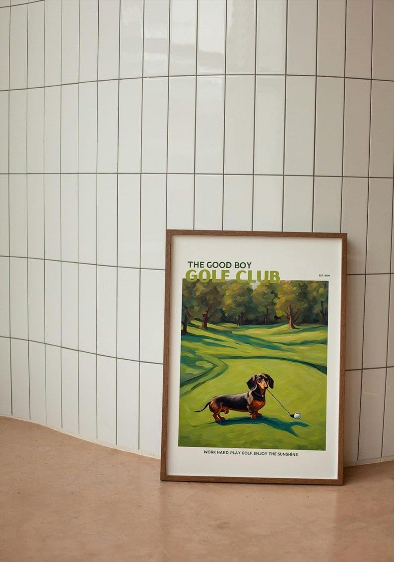 Nationcog Golf Wall Art Print, Good Boy Golf Club Poster with Dachshund Dog, Colorful Impasto Painting, Retro Sports Decor, Funny Wiener Dog Artwork, Great Gift for Golf Fans (Unframed) (11x14)