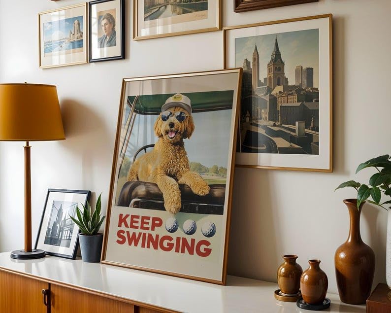Funny Goldendoodle Golf Wall Art, Vintage Retro Dog Sports Print for Bar, Office or Home Decor, Keep Swinging Inspirational Golfer Artwork (Unframed) (12x18)