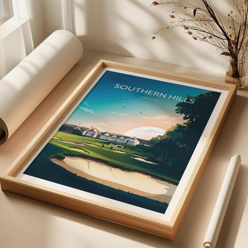 Nationcog Golf Print Southern Hills Country Club - Tulsa, Oklahoma, Southern Hills Golf Poster, Oklahoma Golf Course Art, Vintage Golf Travel Print, Luxury Golf Resort Art (Unframed) (12x18)
