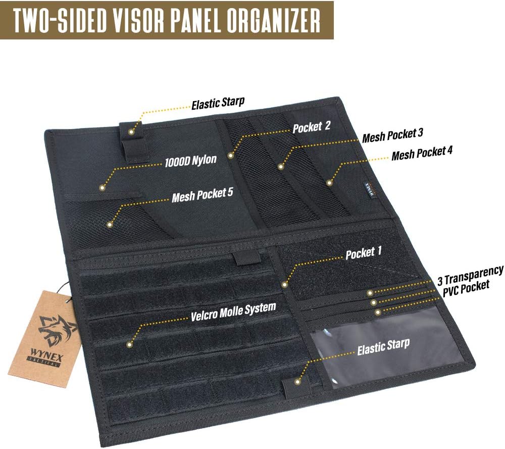 WYNEX Car Sun Visor Organizer with Double-Sided Folding MOLLE Panel, Vehicle Sun Visor Storage for Essentials & Tactical Gear, Compatible with Cars, Pickup Trucks, Vans, SUVs