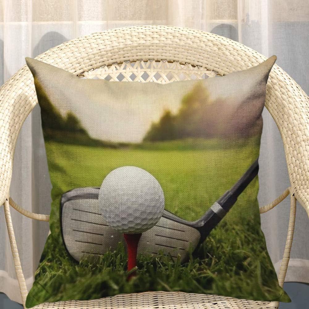 Mugod Play Golf Throw Pillow Golfball Golf Club on Grassland Red White Black Green Cotton Linen Square Cushion Cover Standard Pillowcase 18x18 Inch for Home Decorative Bedroom/Living Room/Car
