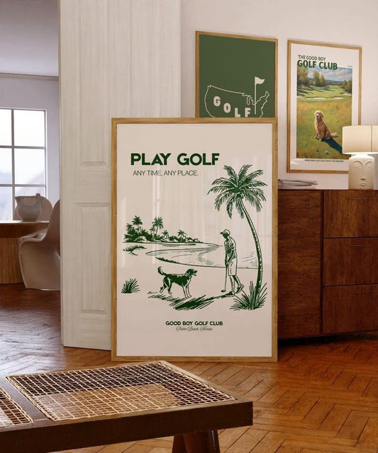 Nationcog Play Golf Poster, Golden Retriever Dog on Golf Course Wall Art, Retro Beach Scene Sketch Print, Vintage Golf Print, Great Gift Idea for Players and Coaches (Unframed) (16x24)